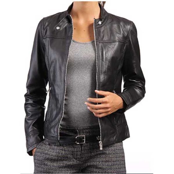 WOMEN BLACK BIKER SLIM FIT CAFE RACER LEATHER JACKET